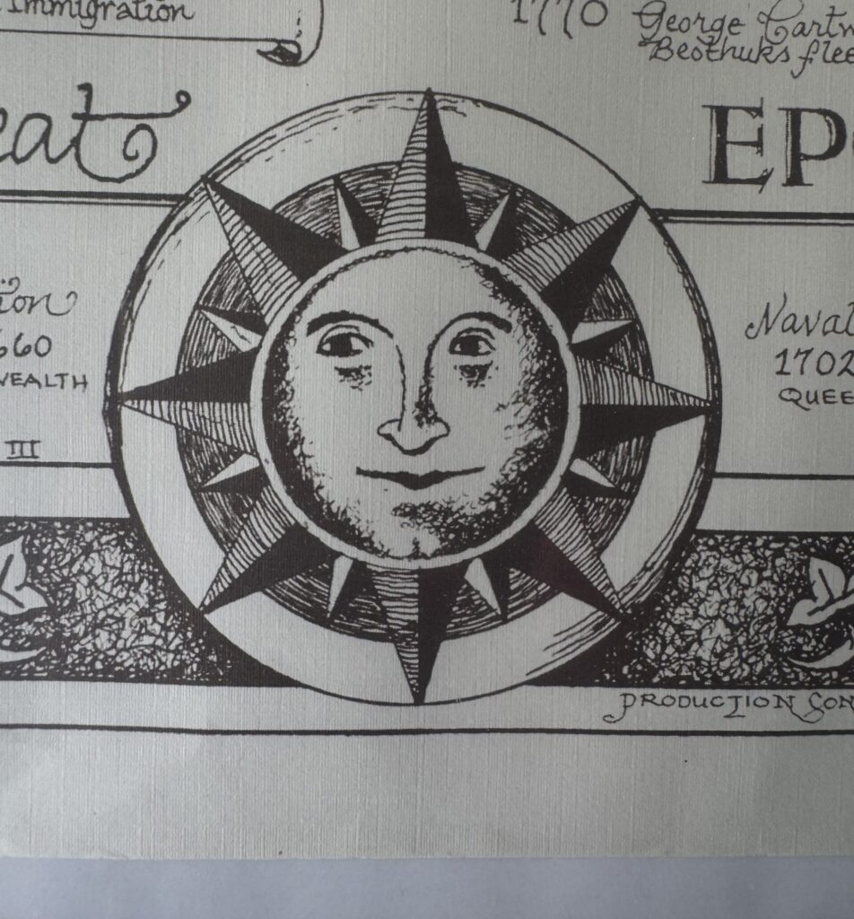 Stippled illustration of the sun with a face 