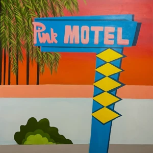 Hailea Stevenson Pink Motel, 2023 painting of pink motel florida vibes