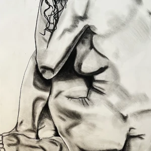 Visual Art, 2024 charcoal drawing of nude woman's back profile sitting on ground